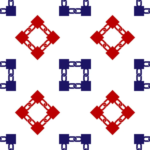 Blauw en rood Blockchain technologie pictogram geïsoleerd naadloos patroon op witte achtergrond. Cryptogeld gegevens. Abstract geometrische blok keten netwerk technologie business. Vector Illustratie — Stockvector