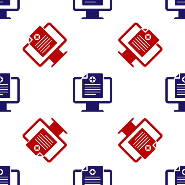 Monitör ikonundaki mavi ve kırmızı tıbbi kayıtlar beyaz arka planda izole edilmiş kusursuz desen. Sağlık sigortası formu. Reçete, tıbbi kontrol işaretleri raporu. Vektör İllüstrasyonu