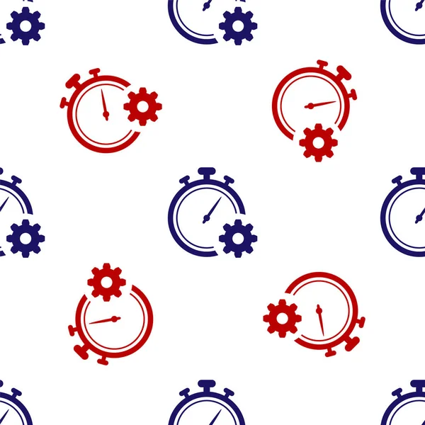 Icono de gestión del tiempo azul y rojo aislado patrón sin costuras sobre fondo blanco. Señal de reloj y engranaje. Símbolo de productividad. Ilustración vectorial — Archivo Imágenes Vectoriales