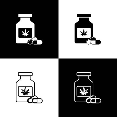 Tıbbi şişeyi marihuana ya da kenevir yaprağı ikonu ile siyah beyaz arka planda izole et. Kavanozlardaki kenevir yağı özlerini taklit et. Vektör İllüstrasyonu