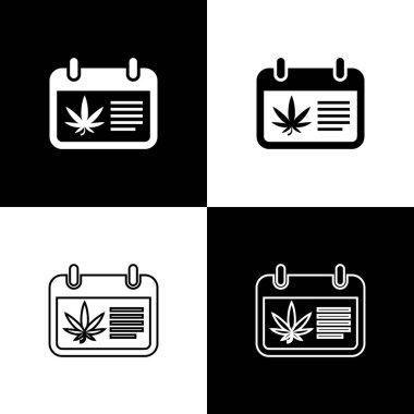 Set Takvim ve esrar veya esrar yaprağı simgesi siyah ve beyaz arka plan üzerinde izole. Ulusal oluk günü. Kenevir sembolü. Vektör İllüstrasyonu
