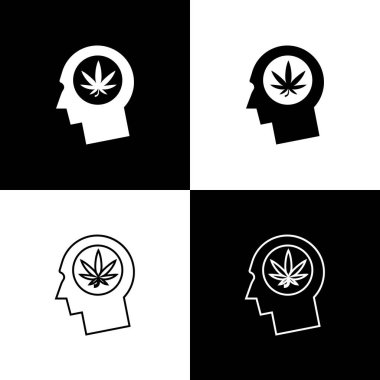 Siyah ve beyaz arka plan üzerinde izole esrar veya esrar yaprağı simgesi ile profil erkek baş Siluet ayarlayın. Marihuana yasallaştırma. Kenevir sembolü. Vektör İllüstrasyonu