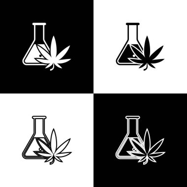 Siyah ve beyaz arka plan üzerinde izole esrar veya esrar yaprağı simgesi ile Kimyasal test tüpü ayarlayın. Araştırma konsepti. Laboratuvar Cbd yağ konsepti. Vektör İllüstrasyonu