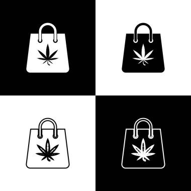 Set Tıbbi esrar veya esrar yaprağı simgesi siyah ve beyaz arka plan üzerinde izole Alışveriş kağıt torba. Esrar satın alıyorum. Kenevir sembolü. Vektör İllüstrasyonu