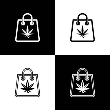 Set Tıbbi esrar veya esrar yaprağı simgesi siyah ve beyaz arka plan üzerinde izole Alışveriş kağıt torba. Esrar satın alıyorum. Kenevir sembolü. Vektör İllüstrasyonu