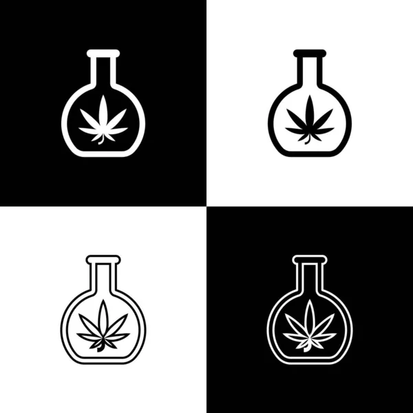 Set Tube à essai chimique avec icône de marijuana ou de feuille de cannabis isolé sur fond noir et blanc. Concept de recherche. Laboratoire CBD concept d'huile. Illustration vectorielle — Image vectorielle