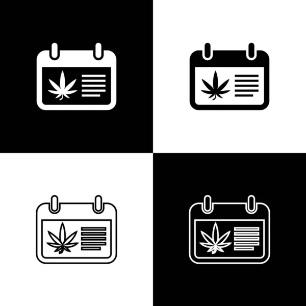 Set Calendar and marijuana or cannabis leaf icon isolated on black and white background. National weed day. Hemp symbol. Vector Illustration — Stock Vector