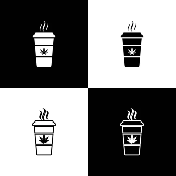 Set Cup café com maconha ou ícone de folha de cannabis isolado em fundo preto e branco. Legalização da marijuana. Símbolo de cânhamo. Ilustração vetorial — Vetor de Stock