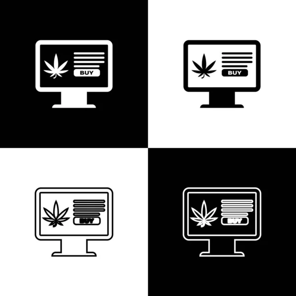 Ställ datorskärm och medicinsk marijuana eller cannabis Leaf ikon isolerad på svart och vit bakgrund. Online-köpsymbol. Stormarknad korg. Vektor illustration — Stock vektor