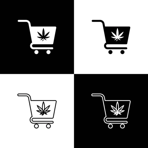 Set Shopping cart with marijuana or cannabis leaf icon isolated on black and white background. Online buying. Delivery service. Supermarket basket. Vector Illustration — Stock Vector