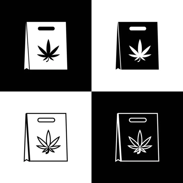 Set Bolsa de papel de compras de marihuana medicinal o icono de hoja de cannabis aislado sobre fondo blanco y negro. Comprar cannabis. Un símbolo de cáñamo. Ilustración vectorial — Vector de stock