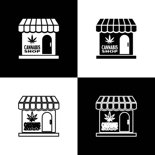 Setzen Marihuana und Cannabis Store Symbol isoliert auf schwarz-weißem Hintergrund. Geräte und Zubehör zum Rauchen, Lagerung von medizinischem Cannabis. Vektorillustration — Stockvektor
