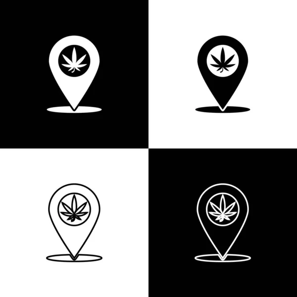 Harita işaretleyici ve marihuana ya da kenevir yaprağı simgesini siyah ve beyaz arkaplanda izole et. Kenevir sembolü. Vektör İllüstrasyonu — Stok Vektör