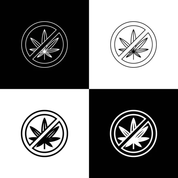 Set Stop marijuana o icona foglia di cannabis isolato su sfondo bianco e nero. Non fumare marijuana. Simbolo di canapa. Illustrazione vettoriale — Vettoriale Stock