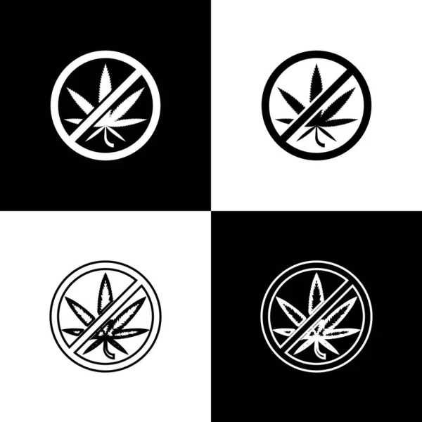 Set Stoppa marijuana eller cannabis blad ikon isolerad på svart och vit bakgrund. Ingen rökning av marijuana. Hampa symbol. Vektor Illustration — Stock vektor