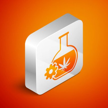 Turuncu arka planda marihuana ya da kenevir yaprağı ikonu bulunan Isometric Kimyasal test tüpü. Araştırma konsepti. Laboratuvar Cbd yağı konsepti. Gümüş kare düğme. Vektör İllüstrasyonu