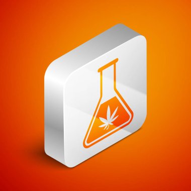 Turuncu arka planda marihuana ya da kenevir yaprağı ikonu bulunan Isometric Kimyasal test tüpü. Araştırma konsepti. Laboratuvar Cbd yağı konsepti. Gümüş kare düğme. Vektör İllüstrasyonu