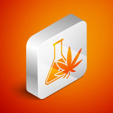 Turuncu arka planda marihuana ya da kenevir yaprağı ikonu bulunan Isometric Kimyasal test tüpü. Araştırma konsepti. Laboratuvar Cbd yağı konsepti. Gümüş kare düğme. Vektör İllüstrasyonu