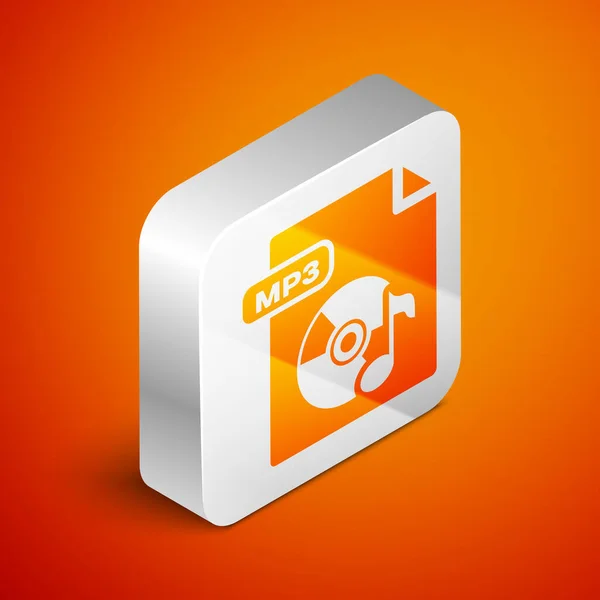 Изометрический документ в формате MP3. Иконка кнопки mp3 выделена на оранжевом фоне. Знак музыкального формата Mp3. Символ MP3 файла. Серебряная кнопка. Векторная миграция — стоковый вектор