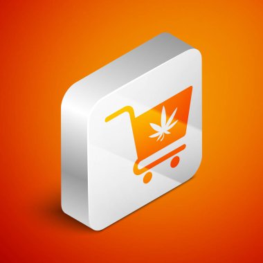 Turuncu arka planda marihuana ya da kenevir yaprağı ikonu olan Isometric alışveriş arabası. İnternetten satın alma. Teslimat servisi. Süpermarket sepeti. Gümüş kare düğme. Vektör İllüstrasyonu