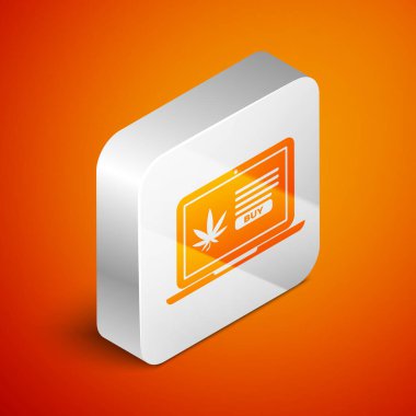 Isometric Laptop ve tıbbi marihuana veya turuncu arka planda izole edilmiş kenevir yaprağı ikonu. İnternetten satın alma sembolü. Süpermarket sepeti. Gümüş kare düğme. Vektör İllüstrasyonu