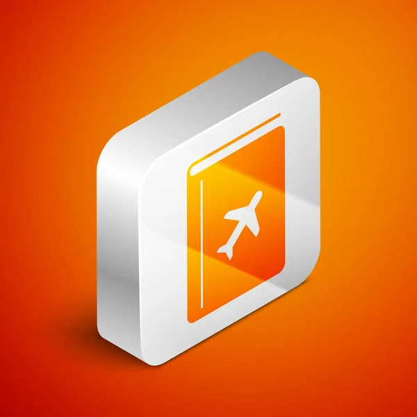 Isometrisches Cover-Buch-Reiseführer-Symbol auf orangefarbenem Hintergrund. Silberner quadratischer Knopf. Vektorillustration — Stockvektor