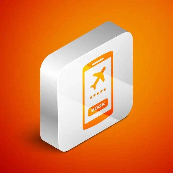 Isometrisches Smartphone mit elektronischer Bordkarte auf orangefarbenem Hintergrund. Handyticket für das Passagierflugzeug für Web und App. Silberner quadratischer Knopf. Vektorillustration — Stockvektor