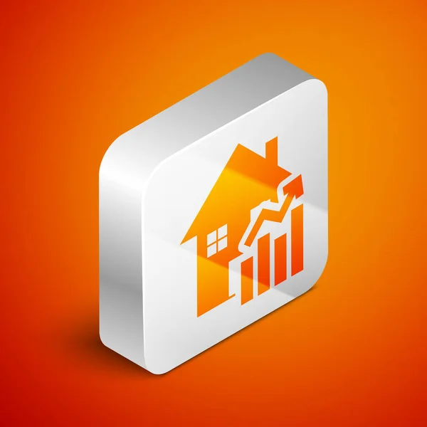 Isometric Rising cost of housing icon isolated on orange background. Rising price of real estate. Residential graph increases. Silver square button. Vector Illustration — Stock Vector