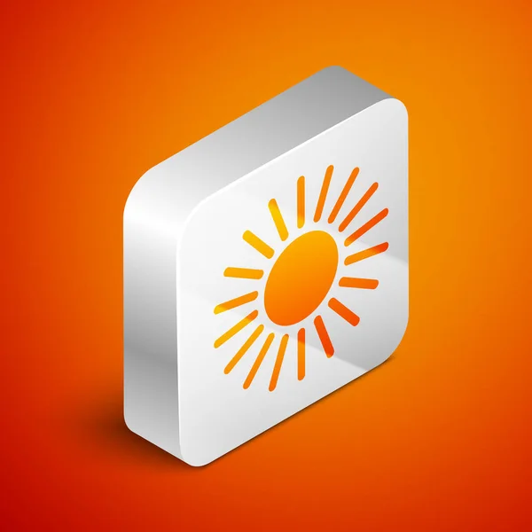 Isometric Sun icon isolated on orange background. Silver square button. Vector Illustration