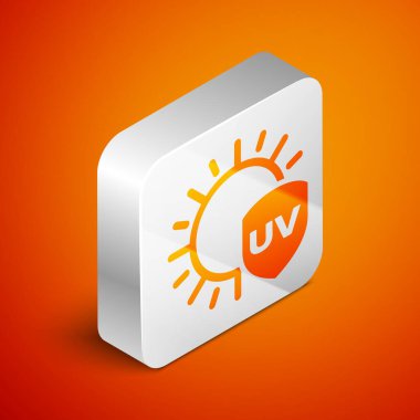 Turuncu arka planda izole edilmiş İzometrik Uv koruma simgesi. Güneş ve kalkan. Ultraviyole ışınları radyasyon. Spf güneş işareti. Gümüş kare düğme. Vektör İllüstrasyonu