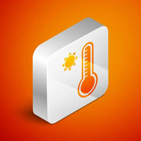 Isometrische Meteorologie thermometer meten warmte en koude pictogram geïsoleerd op oranje achtergrond. Thermometer apparatuur toont warm of koud weer. Zilveren vierkante knop. Vector Illustratie — Stockvector