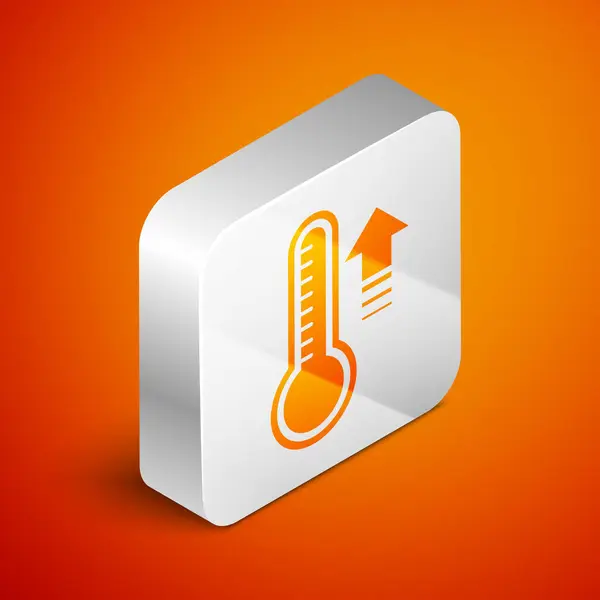 Isometrisches Meteorologie-Thermometer, das Hitze und Kälte misst, isoliert auf orangefarbenem Hintergrund. Thermometerausrüstung, die heißes oder kaltes Wetter zeigt. Silberner quadratischer Knopf. Vektorillustration — Stockvektor