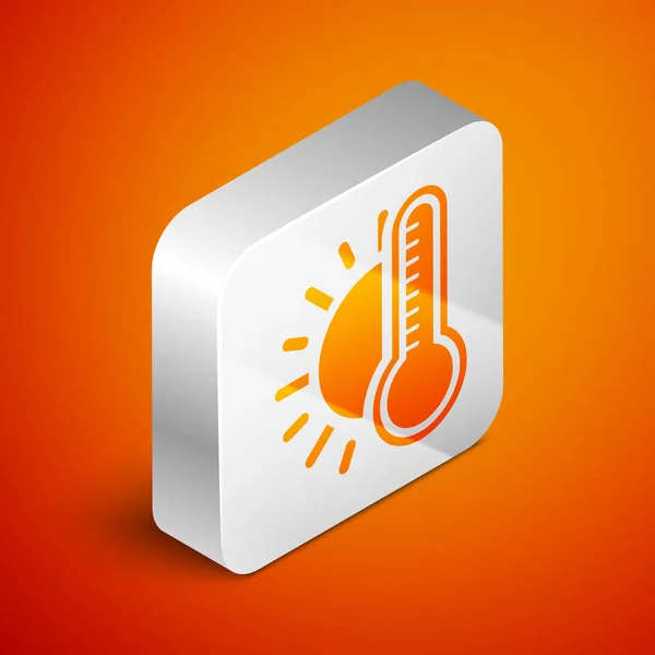 Isometrische thermometer met zonpictogram geïsoleerd op oranje achtergrond. Zilveren vierkante knop. Vector Illustratie — Stockvector