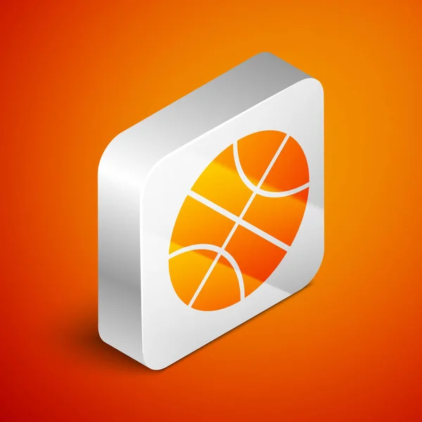 Ícone de bola de basquete isométrico isolado no fundo laranja. Símbolo desportivo. Botão quadrado de prata. Ilustração vetorial —  Vetores de Stock
