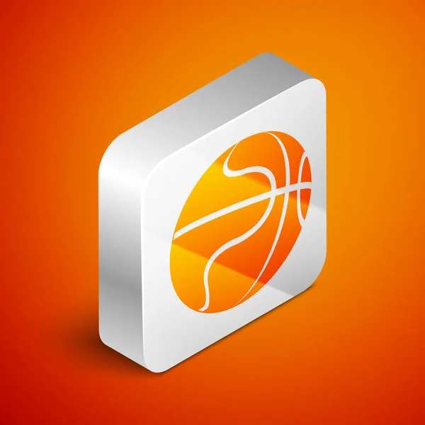 Ícone de bola de basquete isométrico isolado no fundo laranja. Símbolo desportivo. Botão quadrado de prata. Ilustração vetorial —  Vetores de Stock