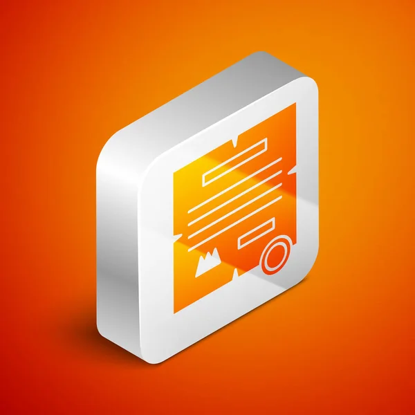Isometric Decree, paper, parchment, scroll icon icon isolated on orange background. Silver square button. Vector Illustration