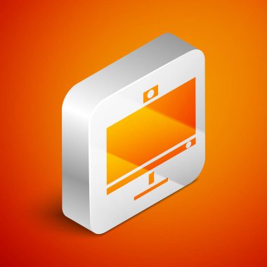 Isometric Bilgisayar monitörü simgesi turuncu arkaplanda izole edildi. Bilgisayar bileşeni işareti. Gümüş kare düğme. Vektör İllüstrasyonu