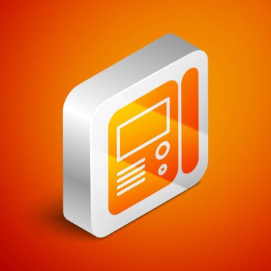 Isometric House dahili iletişim sistemi simgesi turuncu arka planda izole edildi. Gümüş kare düğme. Vektör İllüstrasyonu