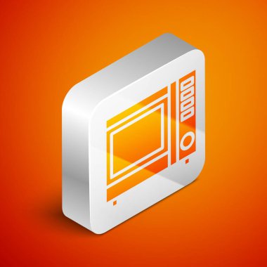 Isome mikrodalga fırın ikonu turuncu arka planda izole edilmiş. Ev aletleri simgesi. Gümüş kare düğme. Vektör İllüstrasyonu