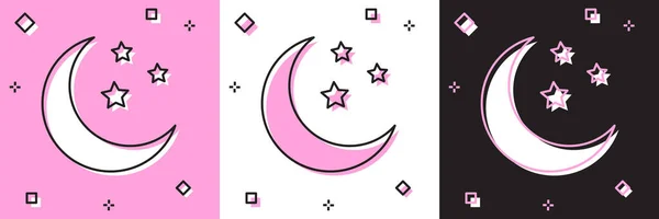Conjunto de Luna y estrellas icono aislado en rosa y blanco, fondo negro. Ilustración vectorial — Vector de stock