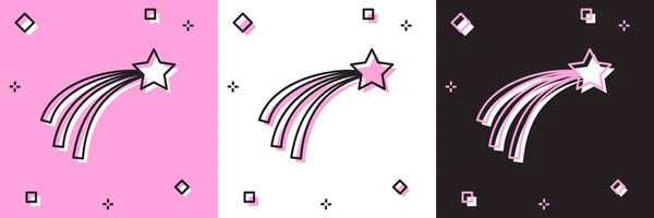 Иконка "Падающая звезда" выделена на розовом и белом, черном фоне. Падающая звезда со звездным следом. Метеороид, метеорит, комета, астероид, икона звезды. Векторная миграция — стоковый вектор