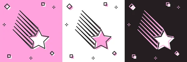Definir ícone de estrela caindo isolado em rosa e branco, fundo preto. Estrela cadente com trilha estelar. Meteoróide, meteorito, cometa, asteróide, ícone estelar. Ilustração vetorial — Vetor de Stock