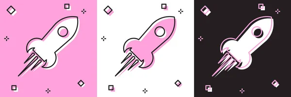 Set Rocket ship with fire icon isolated on pink and white, black background. Space travel. Vector Illustration — Stock Vector