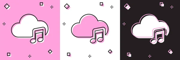 Set Music streaming service ikon isolerad på rosa och vit, svart bakgrund. Ljudmoln, online-mediaströmning, online-sång, ljudvåg. Vektor Illustration — Stock vektor