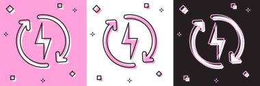 Yeniden yükleme simgesini pembe beyaz, siyah arkaplanda izole et. Elektrik enerjisi işareti. Vektör İllüstrasyonu
