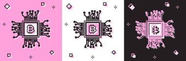 İşlemci madencilik ikonunu pembe beyaz ve siyah arkaplanda izole et. İşlemcinin içinde bitcoin işareti. Kripto para madenciliği topluluğu. Dijital para. Vektör İllüstrasyonu