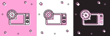 Mikrodalga fırın ve teçhizat ikonunu pembe beyaz ve siyah arkaplanda izole et. Uygulama, servis konsepti, ayar seçenekleri, bakım, onarım, onarım. Vektör İllüstrasyonu