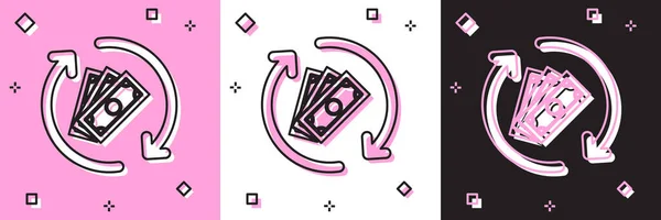 Set Restitutiegeld pictogram geïsoleerd op roze en witte, zwarte achtergrond. Financiële diensten, cash back concept, geld terug te betalen, rendement op investeringen, spaarrekening. Vector Illustratie — Stockvector