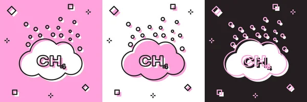 Conjunto icono de reducción de emisiones de metano aislado en rosa y blanco, fondo negro. Modelo de molécula CH4 y fórmula química. Gas de pantano. Gas natural. Ilustración vectorial — Vector de stock