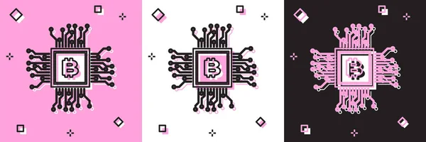 Définir l'icône de la ferme minière CPU isolé sur fond rose et blanc, noir. Bitcoin signe à l'intérieur du processeur. Communauté minière crypto-monnaie. L'argent numérique. Illustration vectorielle — Image vectorielle